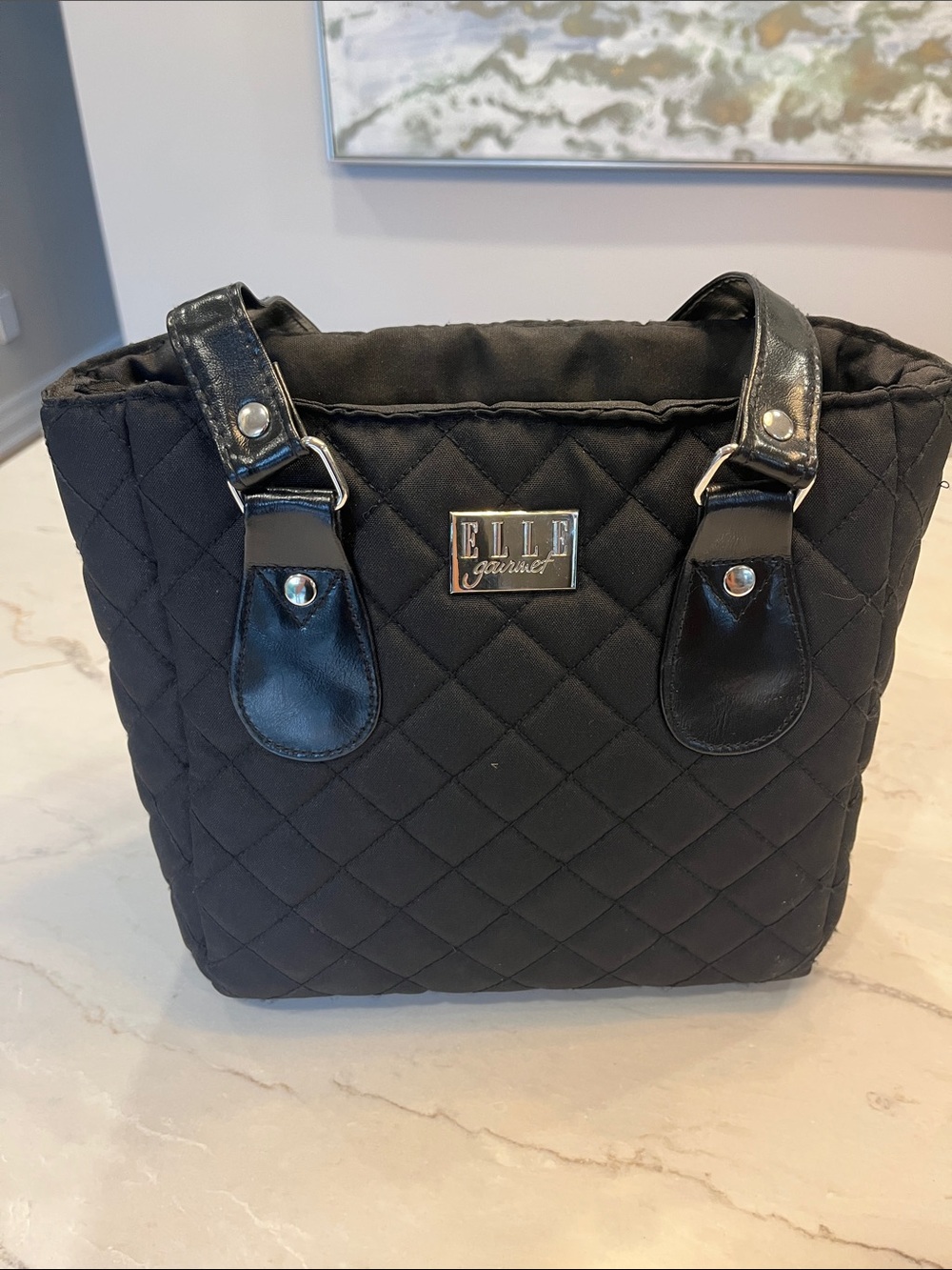 Elle Black Quilted Insulated Lunch Tote with Shiny Strap Accents